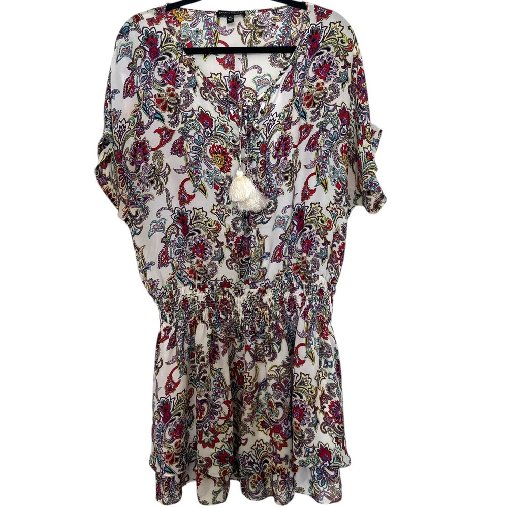 Banana Republic Womens XL Paisley Smocked Waist Tassel Tiered Mini Dress Multi
